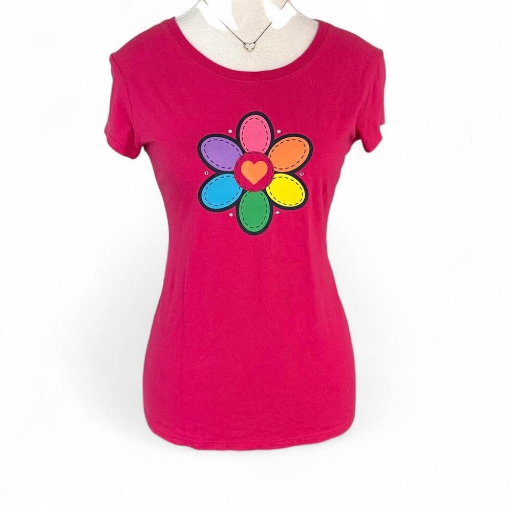 Pink cotton baby tee rainbow flower graphic Fits women’s small juniors size XL